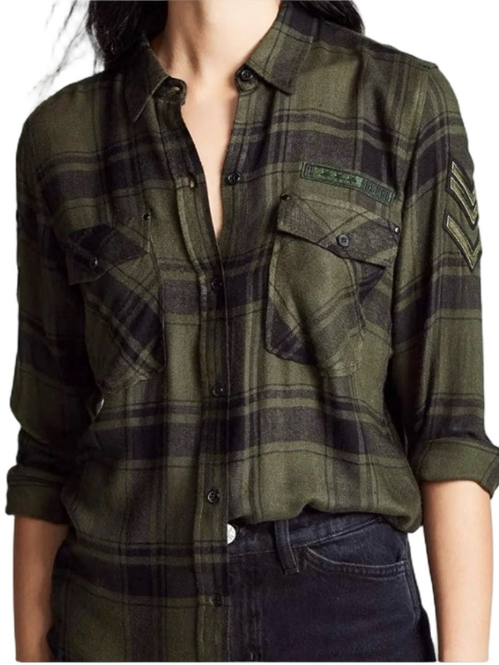 Rails Military Style Button Down Collar Shirt Black Green Plaid Size Small